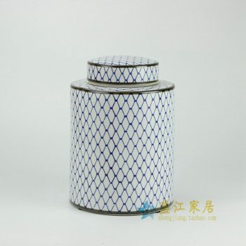 RYPU27-C_景德鎮陶瓷 青花圈格紋儲物罐 蓋罐