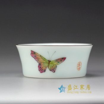 RYOK82-D_景德鎮陶瓷 手繪粉彩 蝴蝶 描金邊 單杯 茶具