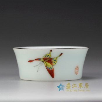 RYOK82-C_景德鎮陶瓷 手繪粉彩 蝴蝶 描金邊 單杯 茶具