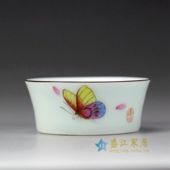 RYOK82-B_景德鎮陶瓷 手繪粉彩 蝴蝶 描金邊單杯 茶具
