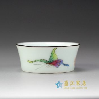 RYOK82-A_景德鎮陶瓷 手繪粉彩 蝴蝶 描金邊 單杯 茶具