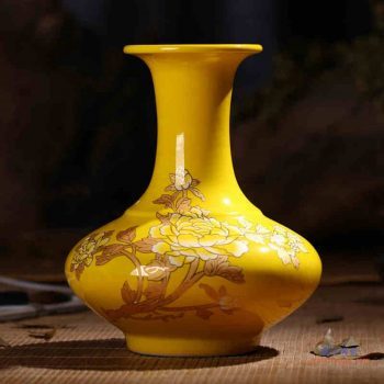 RZIF01-C26-C   景德鎮 高溫顏色釉 帝王黃釉 釉上彩 金牡丹   扁肚瓶 花瓶