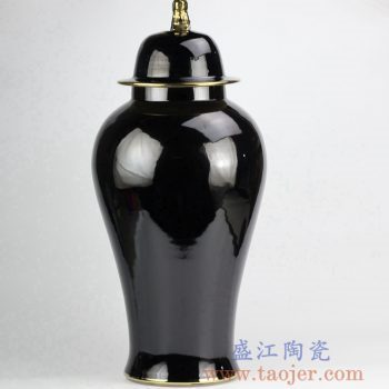 RYNQ239-B_景德鎮黑色顏色釉將軍罐 鍍金獅子頭陶瓷蓋罐擺件 現代家居裝飾落地裝飾品