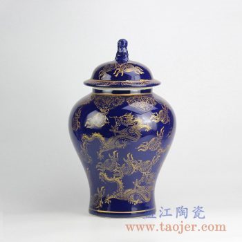 RYRJ15-B-RYNQ_景德鎮藍釉描金龍紋將軍罐 陶瓷家居裝飾擺件