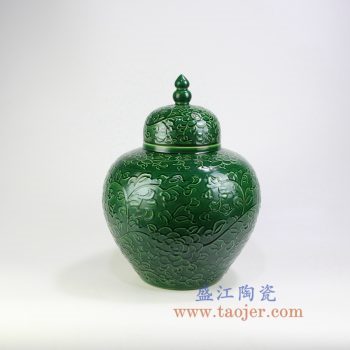 RYDB55-A_景德鎮陶瓷 純手工雕刻綠色纏枝蓮 儲物罐 大肚罐 陶瓷擺件