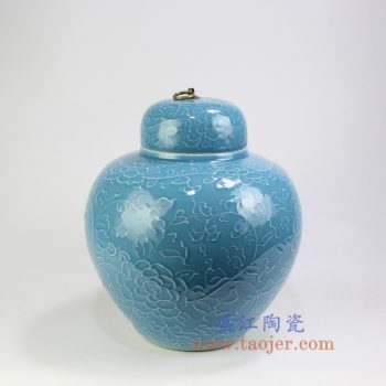 RYDB56-A_景德鎮陶瓷 純手工雕刻天藍色纏枝蓮銅扣儲物罐 大肚罐 陶瓷擺件