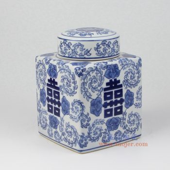 RYPU44 景德鎮陶瓷 手繪青花 喜字 四方罐 茶葉罐 儲物罐