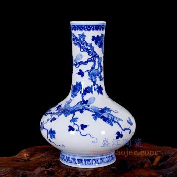 RZLH10-景德鎮陶瓷 仿古手繪青花松鼠多子多福瓷瓶 中式客廳