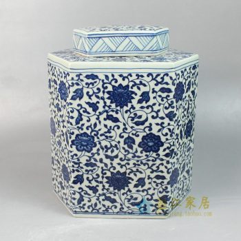 RYYN02-景德鎮陶瓷 純手工手繪青花纏枝六方茶葉罐