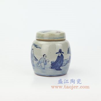 RZIQ17 景德鎮陶瓷 仿古做舊青花瓷 人物陶瓷茶葉罐蓋罐儲物罐