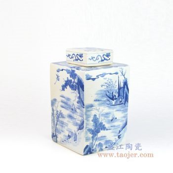 RYQQ10-C 景德鎮陶瓷 青花人物山水四方茶葉罐