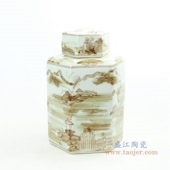 RZOY29-small 景德鎮陶瓷 山水紋醬色六方茶葉罐小號
