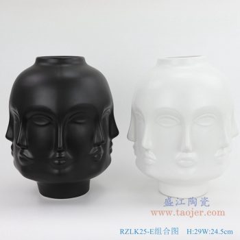 RZLK25-E-black 北歐繆斯啞光黑色陶瓷八面人臉花瓶悲傷的朵拉