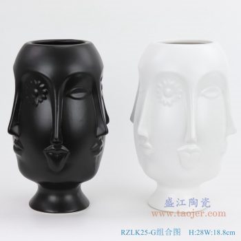 RZLK25-G-black 北歐繆斯啞光黑色陶瓷六面人臉花瓶俏皮的伊迪