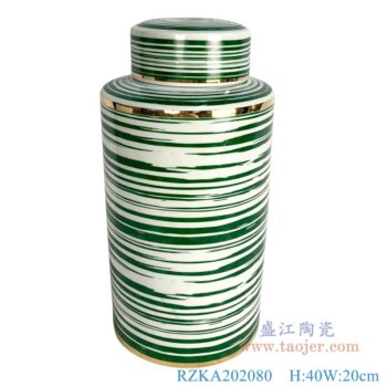 RZKA202080 直筒綠色線條金邊顏色釉陶瓷罐