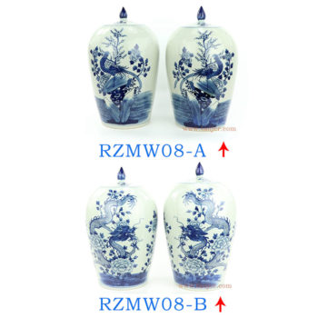 RZMW08-防清代手工青花鳳凰牡丹花鳥-龍紋尖蓋冬瓜罐