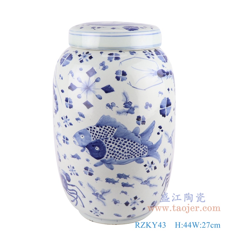 青花魚蝦螃蟹紋冬瓜罐蓋罐;產品編號：RZKY43       產品尺寸(單位cm):  高：44直徑：27口徑：底徑：18.5重量：8.75KG
