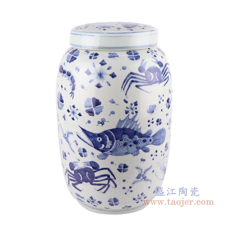 青花魚蝦螃蟹紋冬瓜罐蓋罐;產品編號：RZKY43       產品尺寸(單位cm):  高：44直徑：27口徑：底徑：18.5重量：8.75KG
