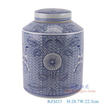RZSI33   青花太陽花蝴蝶銅錢紋直筒茶葉罐      高28.7直徑22.3口徑底徑重量3.4KG