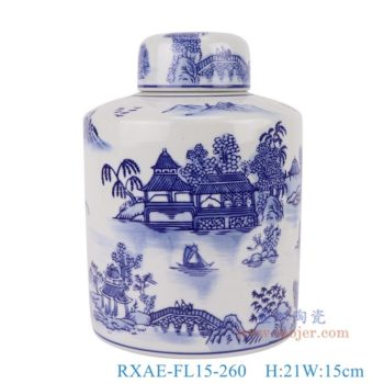 RXAE-FL15-260   青花山水直筒茶葉罐    高21直徑15口徑底徑重量1.25KG