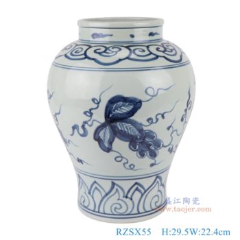 RZSX55   青花葡萄紋大罐，      高29.5直徑22.4口徑底徑14.5重量3.5KG