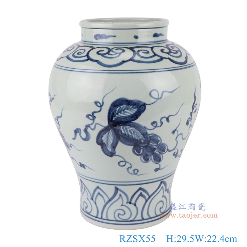 青花葡萄紋大罐，產品編號：RZSX55       產品尺寸(單位cm):  高29.5直徑22.4口徑底徑14.5重量3.5KG