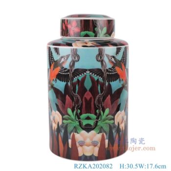 RZKA202082  彩繪花鳥直筒茶葉罐，  高30.5直徑17.6口徑底徑重量2.1KG