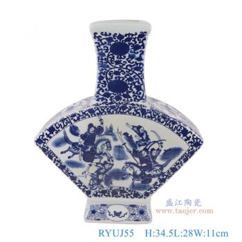 RYUJ55   青花纏枝蓮開窗人物戰將四面扇形瓶，  高34.5直徑28口徑底徑11.7重量3KG