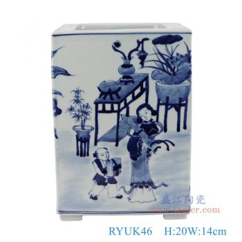 RYUK46    青花仕女孩童人物四方罐，   高20直徑14口徑13底徑重量2.1KG