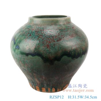 RZSP12   仿古窯變綠釉大肚瓶大肚罐子；    高：31.5直徑：34.5口徑：17.8底徑：18.3重量：6.9KG