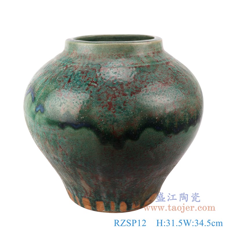 仿古窯變綠釉大肚瓶大肚罐子；產品編號：RZSP12       產品尺寸(單位cm):  高：31.5直徑：34.5口徑：17.8底徑：18.3重量：6.9KG