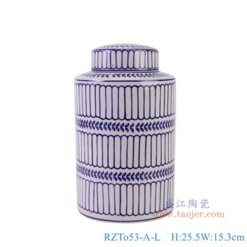 RZTo53-A-L   青花豎紋直筒茶葉罐大號，   高25.5直徑15.3口徑底徑重量1.5KG
