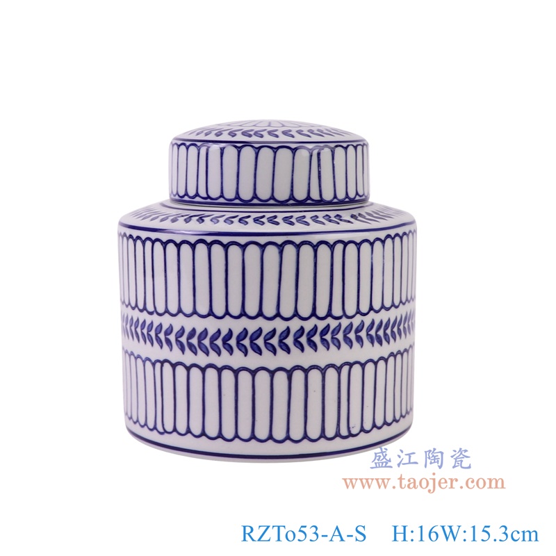 青花豎紋直筒茶葉罐小號，產品編號：RZTo53-A-S       產品尺寸(單位cm):  高16直徑15.3口徑底徑重量1.1KG