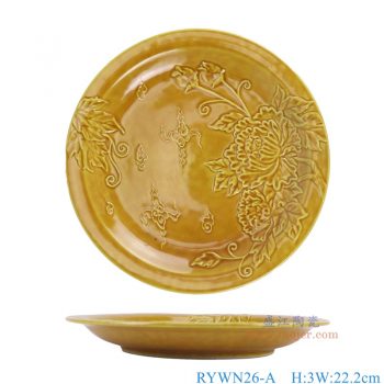 RYWN26-A 霽黃釉雕刻牡丹盤 高3直徑22.2底徑13重量0.6KG