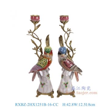 RXBZ-2HX1251B-16-CC 現金彩繪鸚鵡雕塑燭臺一對 高42.8直徑12.5重量1.05KG