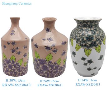 RXAW-XS230410-zhuhe 粉色底彩繪紫花卉花瓶 白底藍花冬瓜罐