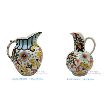 RXAW-XS231009-zhuhe 白底彩繪藍口花卉水壺 白底彩繪花卉水壺