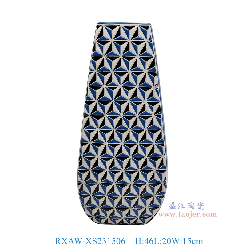 RXAW-XS231506 藍白黑三角形紋方口花瓶大號 高46直徑20