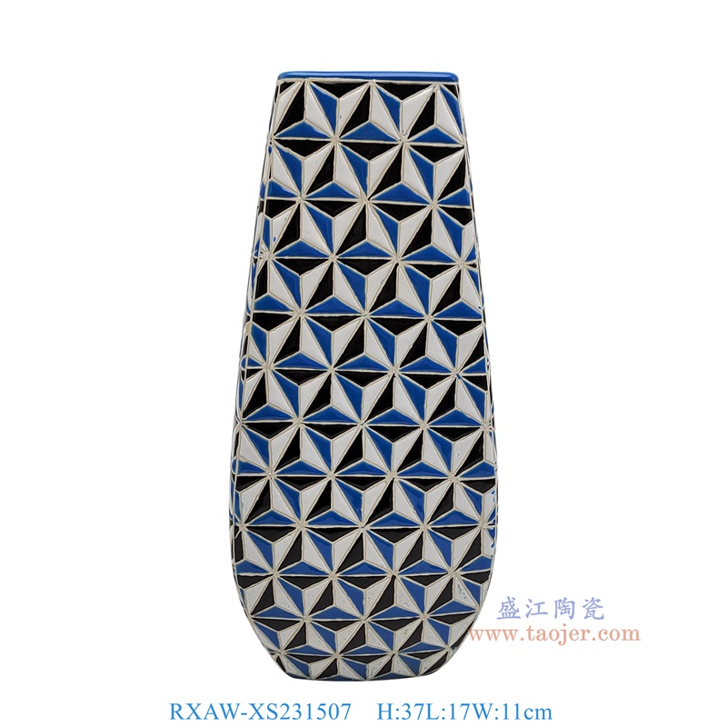 RXAW-XS231507 藍白黑三角形紋方口花瓶中號 高37直徑17