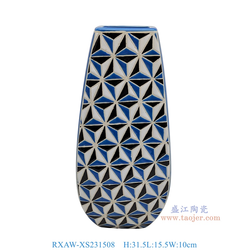 RXAW-XS231508 藍白黑三角形紋方口花瓶小號 高31.5直徑15.5