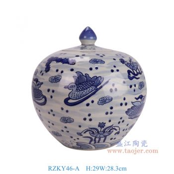 RZKY46-A 青花鴛鴦戲水紋西瓜罐 高29直徑28底徑15重量4.05KG