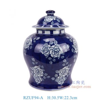 RZUF94-A 藍底青花牡丹紋將軍罐 高30.5直徑22.3底徑18重量3KG