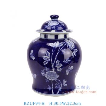 RZUF94-B 藍底青花花蝶紋將軍罐 高30.5直徑22.3底徑18重量3KG