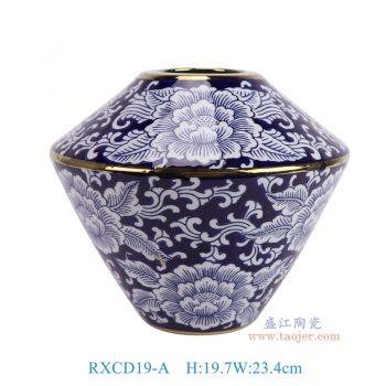 RXCD19-A-WW21758S 藍底青花牡丹花紋鍍金異形罐子花瓶 高19.7直徑23.4底徑9.5重量1.65KG