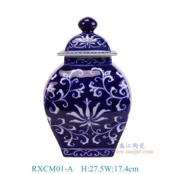 RXCM01-A 青花藍底花卉方口將軍罐 高27.5直徑17.4底徑9.8重量1.8KG
