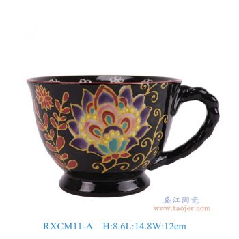 RXCM11-A  黑底彩繪花葉紋6寸咖啡杯子  高8.6直徑14.8底徑7重量0.35KG