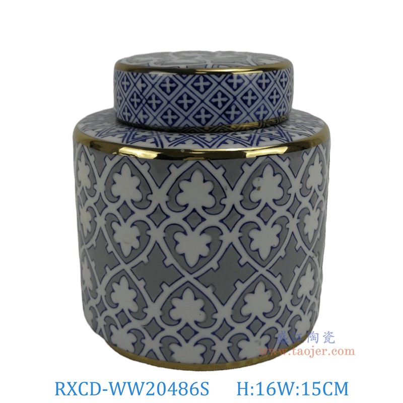 RXCD-WW20486S手工描金幾何圖案平頂圓罐小號高16直徑15