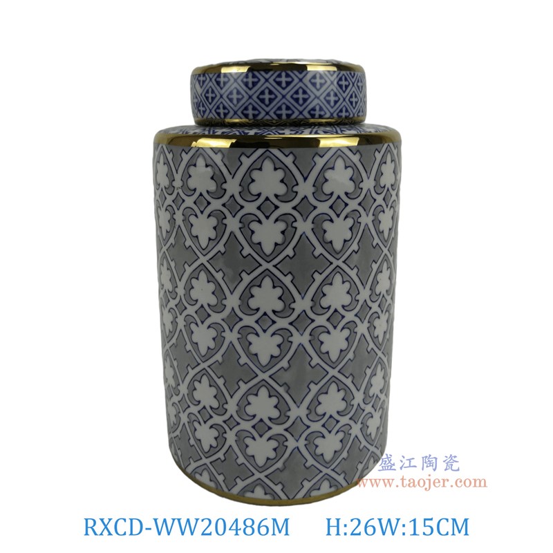 RXCD-WW20486M手工描金幾何圖案平頂圓罐中號高26直徑15