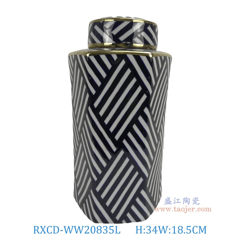 RXCD-WW20835L幾何圖案手工描金六方罐大號高34直徑18.5