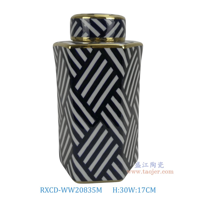 RXCD-WW20835M幾何圖案手工描金六方罐中號高30長17寬15